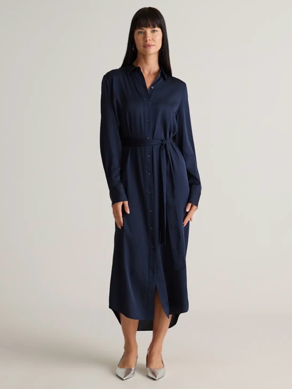 Quince Washable Stretch Silk Maxi Shirt Dress Navy Medium NWT